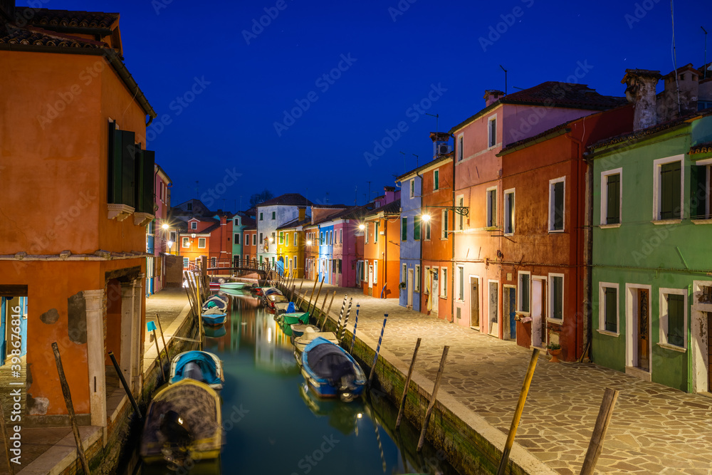 Architecture of Burano island at dusk in Italy