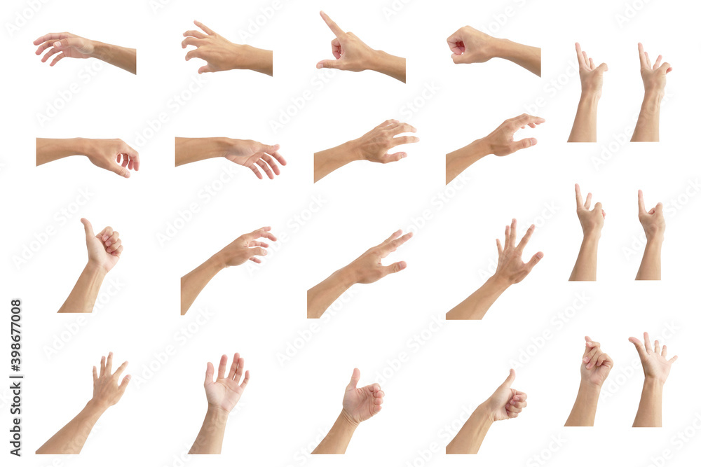 Combines various hand gestures on a white background. Combines various hand gestures on a white background.