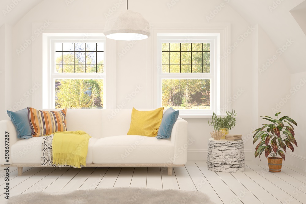 Fototapeta premium White living room with sofa. Scandinavian interior design. 3D illustration