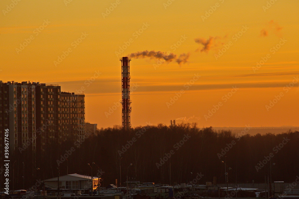 Winter sunset in the suburbs of Moscow.