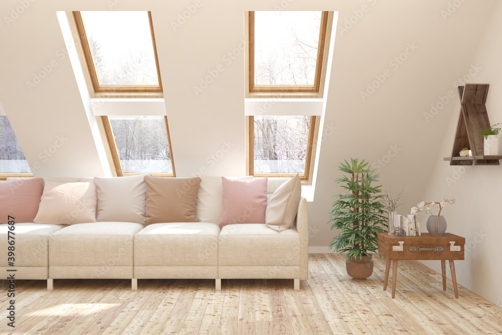 Fototapeta premium White living room with sofa and winter landscape in window. Scandinavian interior design. 3D illustration