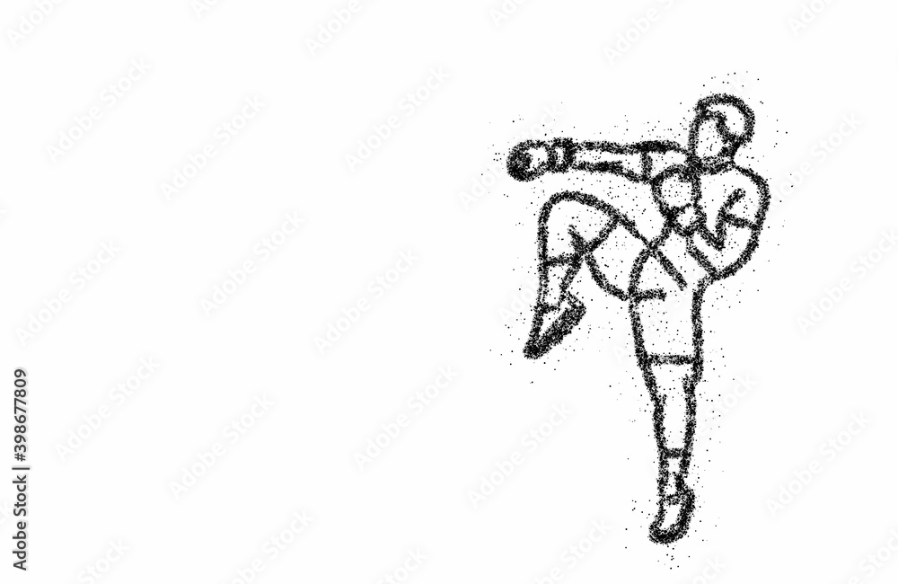 Silhouette of a Boxing doing standing side kick, Particle art illustration Design.