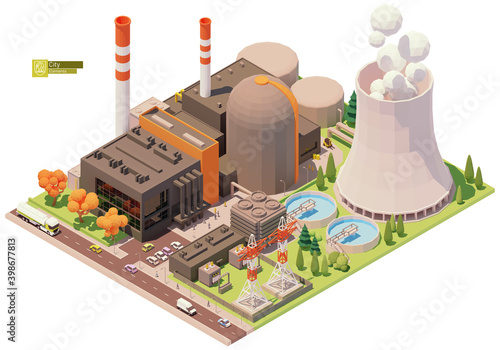 Vector low poly nuclear power plant infrastructure. Includes reactors, cooling towers, power lines and other related structures
