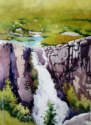 Watercolor hand drawn waterfall in the cave landscape illustration Premium Vector