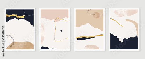 Luxury Gold Mountain wall art vector set. Earth tones landscapes backgrounds set with moon and sun.  Abstract Plant Art design for print, cover, wallpaper, Minimal and  natural wall art. 