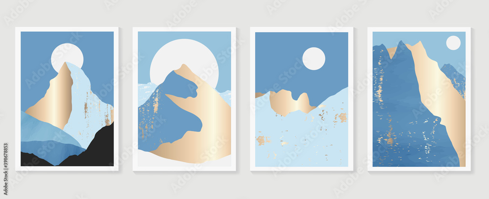 Luxury Gold Mountain wall art vector set. Earth tones landscapes backgrounds set with moon and sun. Abstract Plant Art design for print, cover, wallpaper, Minimal and natural wall art. Luxury Gold Mountain wall art vector set. Earth tones landscapes backgrounds set with moon and sun. Abstract Plant Art design for print, cover, wallpaper, Minimal and natural wall art.