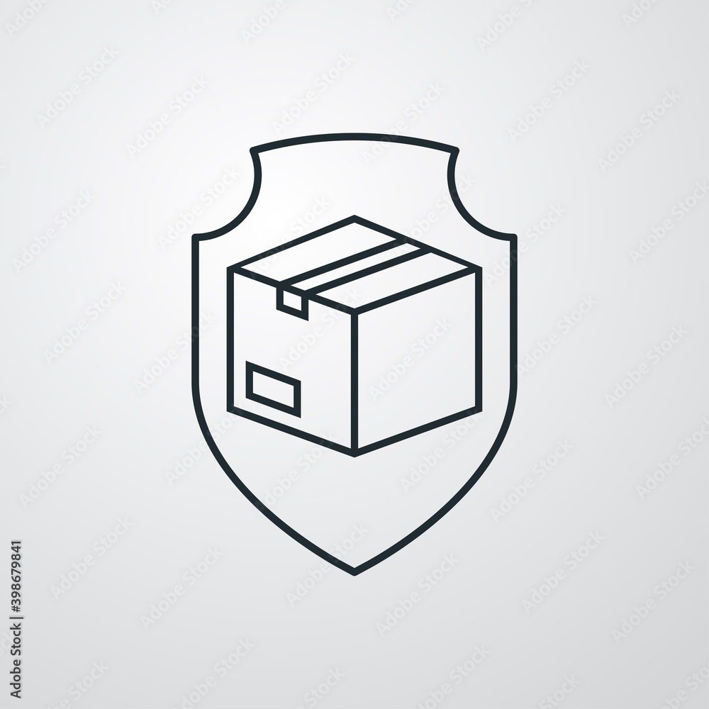 Logotipo entrega segura. Icono escudo con caja de cartón con lineas en fondo gris Logotipo entrega segura. Icono escudo con caja de cartón con lineas en fondo gris