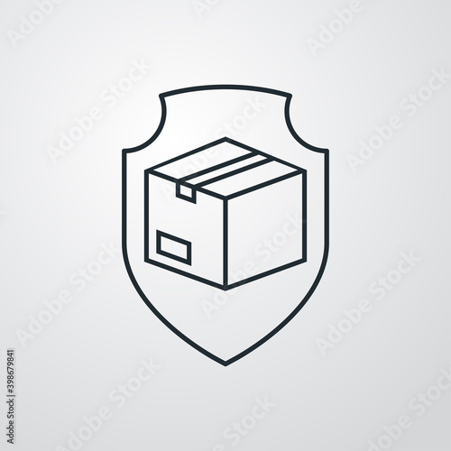 Logotipo entrega segura. Icono escudo con caja de cartón con lineas en fondo gris