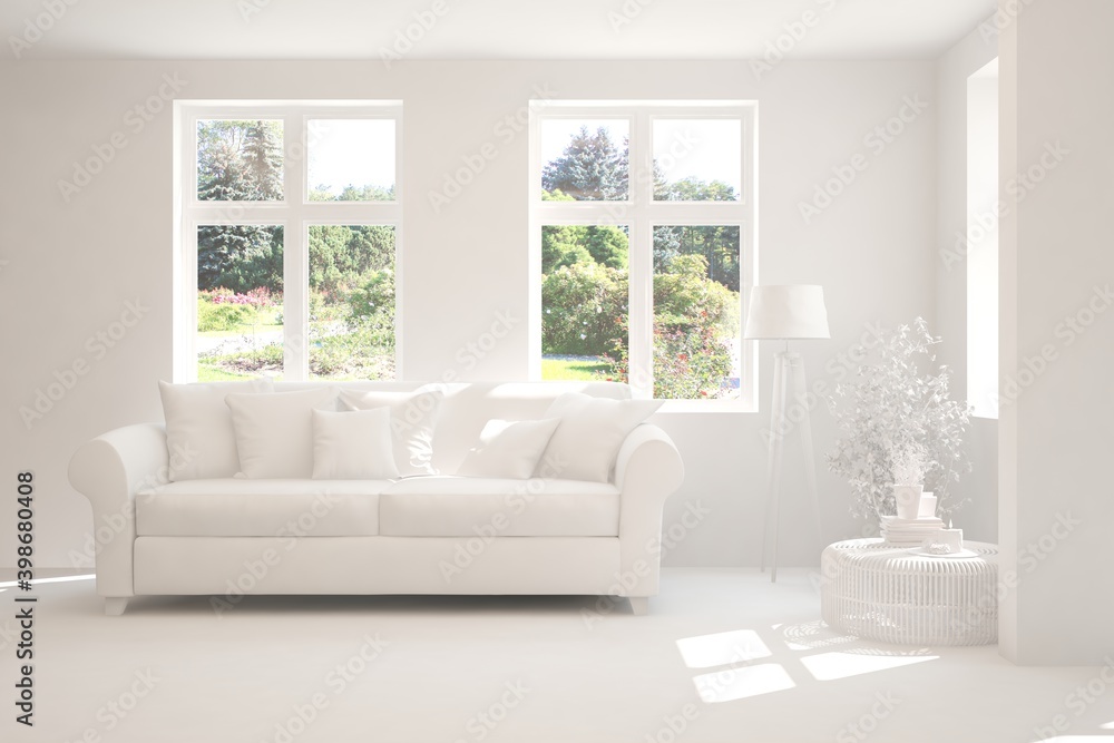 White living room with sofa and summer landscape in window. Scandinavian interior design. 3D illustration White living room with sofa and summer landscape in window. Scandinavian interior design. 3D illustration
