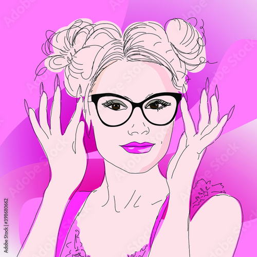 blonde girl with glasses with pink lipstick and long nails, portrait, vector drawing