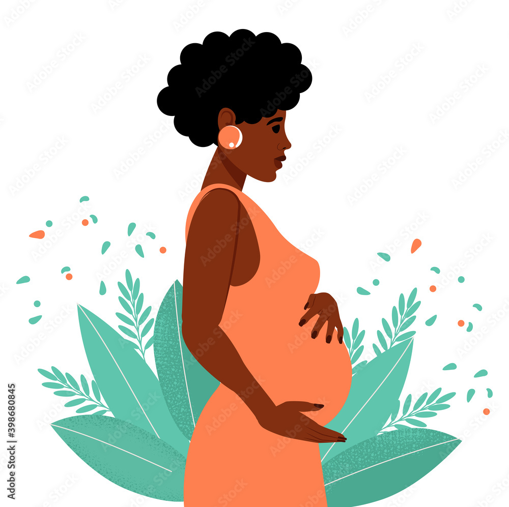 Motherhood concept. Black African American woman pregnant. Isolated vector illustration in cute flat style Motherhood concept. Black African American woman pregnant. Isolated vector illustration in cute flat style