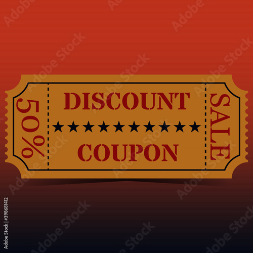 Yellow 50 percent discount coupon in vintage style with shadow on orange background. Vector illustration.