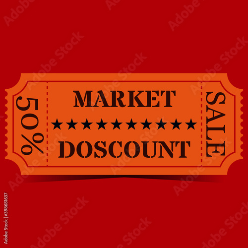 Orange 50 percent discount coupon in vintage style with shadow on red background. Vector illustration.