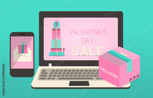 Valentine s day greeting card with hearts and love wishes. Flat vector illustration for sale, online store, delivery of goods for the holiday. Invitation flyer in pink, red, and blue. Images with a