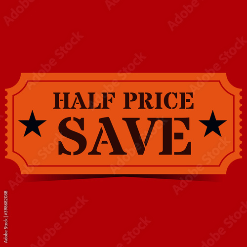 Orange, yellow discount coupon in vintage style with shadow on red background. Vector illustration.