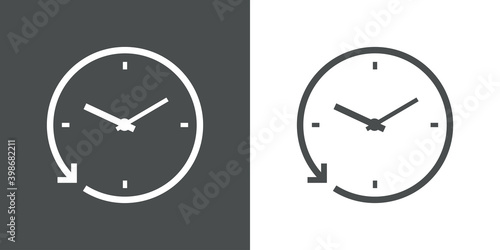 Icono reloj simple con flecha circular girando alrededor con lineas en fondo gris y fondo blanco