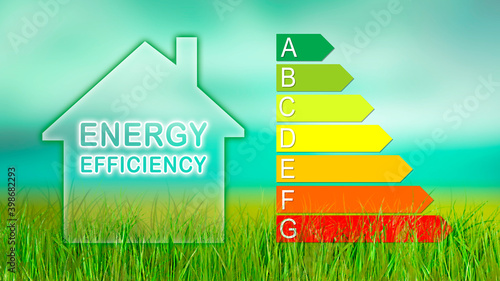 Home illustration and energy efficiency graph as power saving concept. Empty copy space for Editor's text.