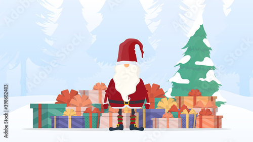 Wallpaper Mural Santa Claus with a mountain of gifts and a Christmas tree. Winter in the forest, snow, a man with a white beard in red clothes. Good for postcards and books. Vector. Torontodigital.ca