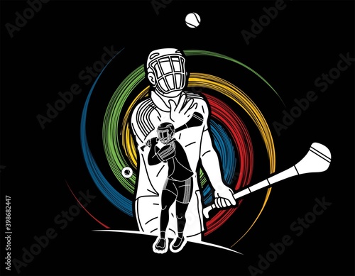 Group of Hurling sport players action. Irish Hurley sport cartoon graphic vector. © sila5775