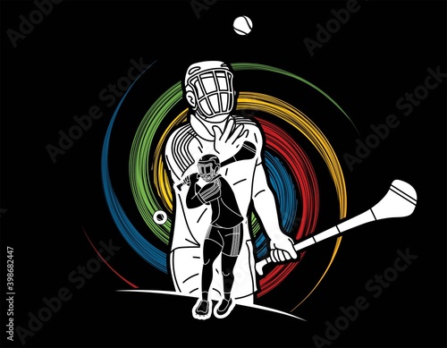 Group of Hurling sport players action. Irish Hurley sport cartoon graphic vector.