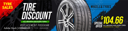 Tire car advertisement poster. Landscape poster, digital banner, flyer, booklet, brochure and web design. Black rubber tire. Realistic vector shining disk car wheel tyre. Information. Store. Action. 