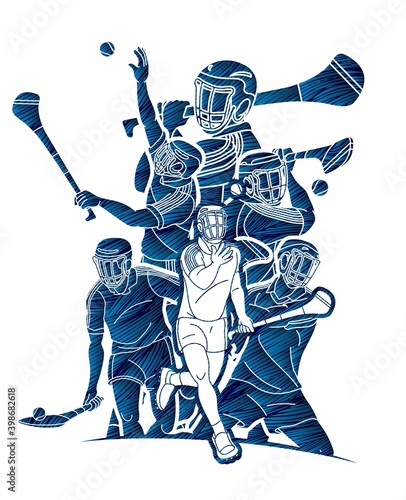 Group of Hurling sport players action. Irish Hurley sport cartoon graphic vector.