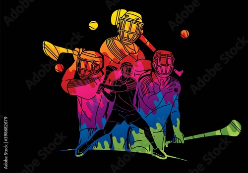 Group of Hurling sport players action. Irish Hurley sport cartoon graphic vector.