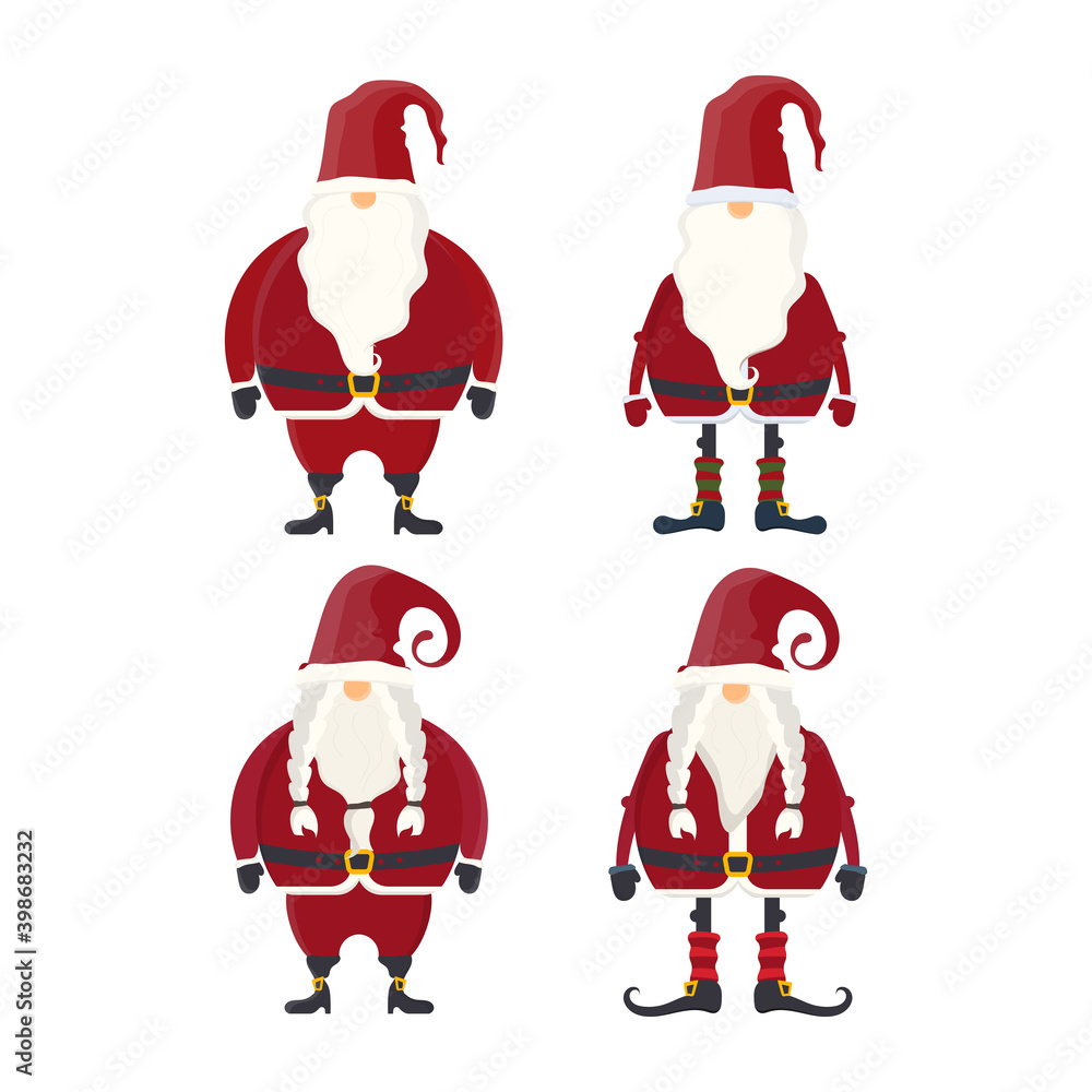 Fototapeta premium A set of Santa Claus with a white beard, pigtails and red clothes. New year concept. Vector.