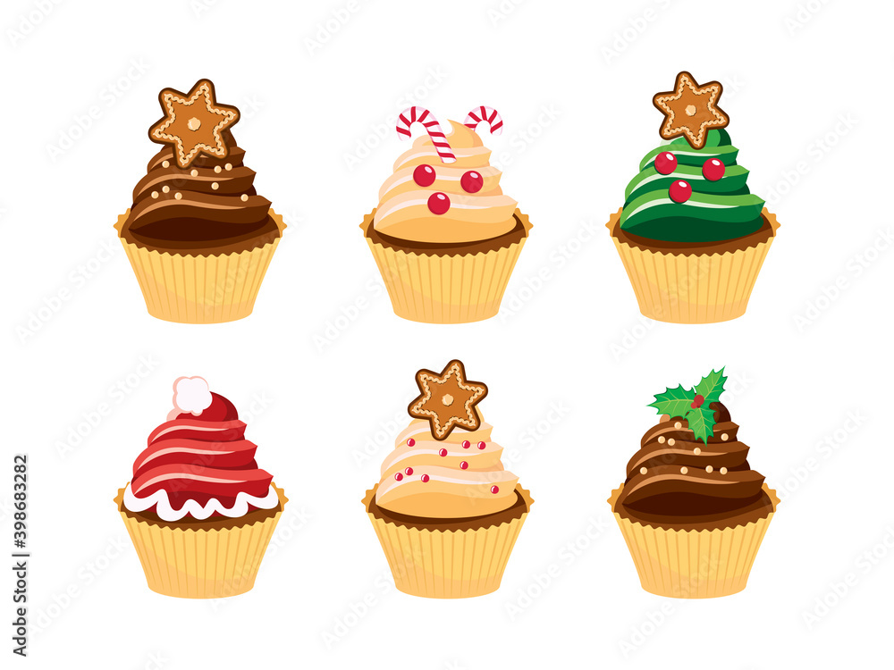 Decorated christmas cupcakes icon set vector. Vanilla and chocolate cupcakes with christmas candies icon set vector. Decorated christmas cupcake with sprinkles icon isolated on a white background Decorated christmas cupcakes icon set vector. Vanilla and chocolate cupcakes with christmas candies icon set vector. Decorated christmas cupcake with sprinkles icon isolated on a white background