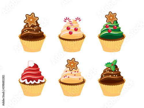 Decorated christmas cupcakes icon set vector. Vanilla and chocolate cupcakes with christmas candies icon set vector. Decorated christmas cupcake with sprinkles icon isolated on a white background