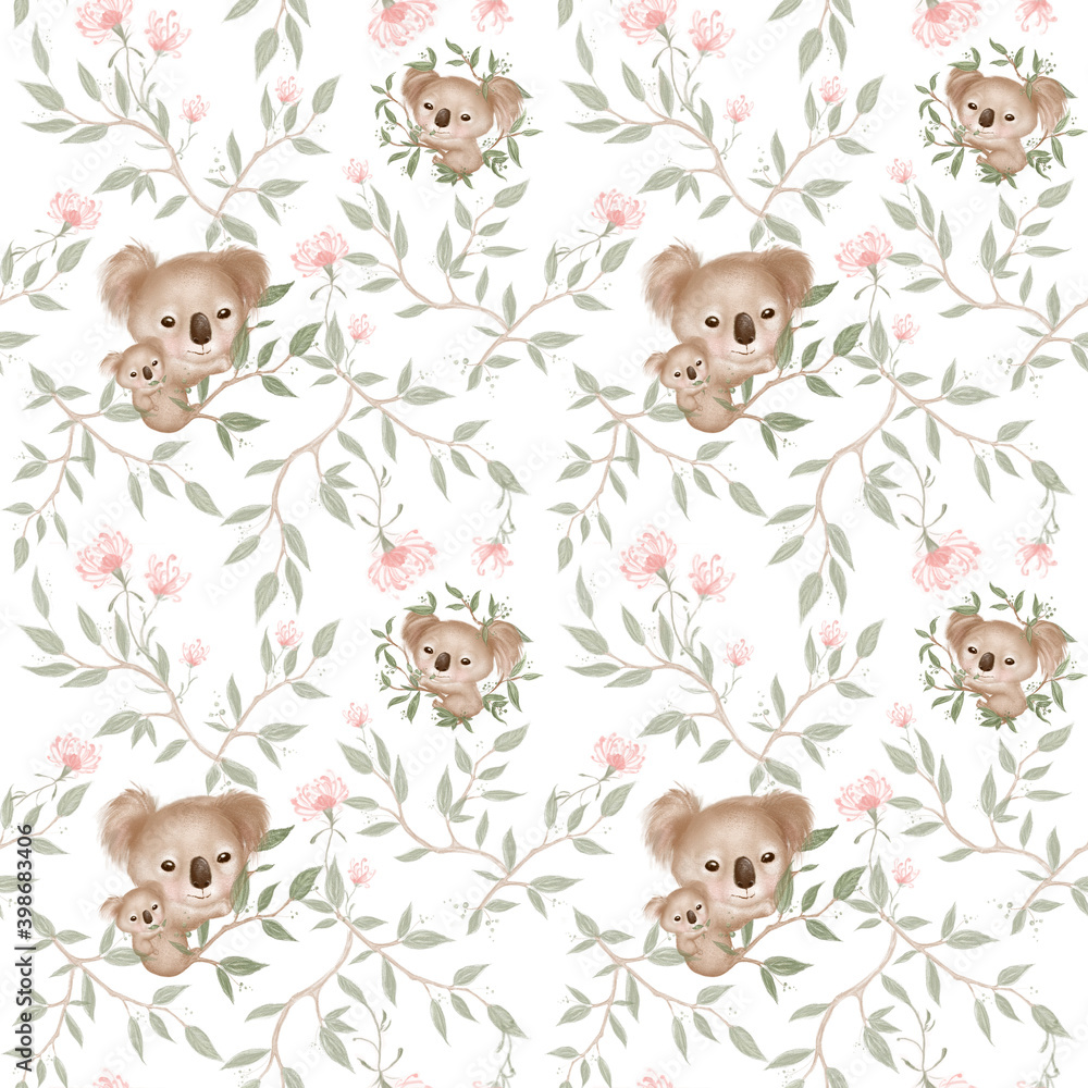 Fototapeta premium Seamless repeating tile pattern. Cute Koala bear on green eucalyptus branches. Hand drawn illustration on white background. 