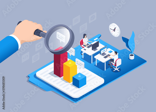 isometric vector illustration on a gray background, a man in a business suit look at the chart in a folder through a magnifying glass, people work at computers, labor efficiency