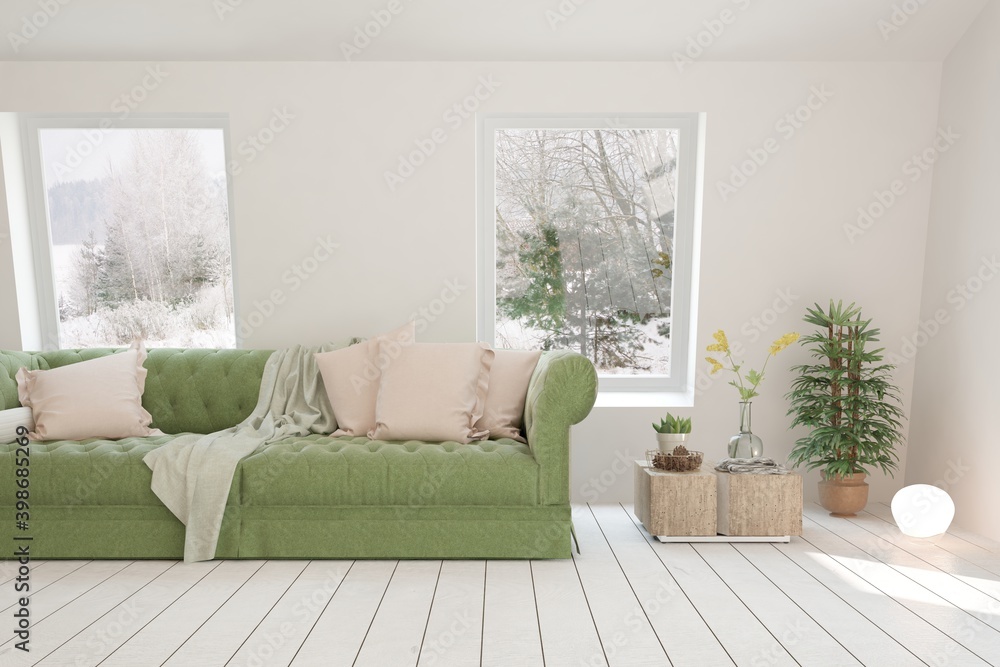 White living room with sofa and winter landscape in window. Scandinavian interior design. 3D illustration White living room with sofa and winter landscape in window. Scandinavian interior design. 3D illustration
