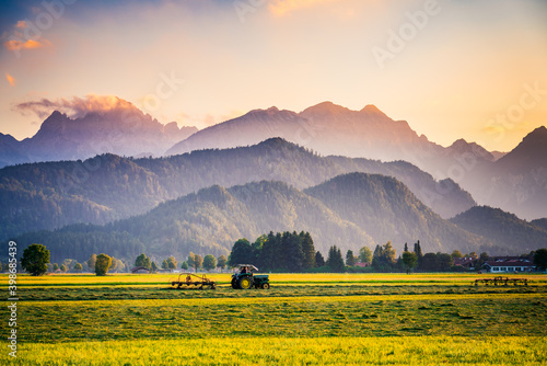 Schwarzenberg and Kitzberg mountain peaks near Schwangau at sunset. German and Austrian alps