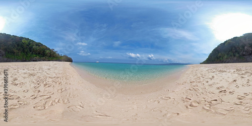 Fototapeta Naklejka Na Ścianę i Meble -  Tropical beach with palm trees and turquoise waters, Puka beach 360VR. Boracay, Philippines. Seascape with beach on tropical island. Summer and travel vacation concept.