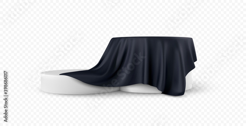 Realistic 3d round white product podium display covered black fabric drapery folds isolated on white background. Vector illustration