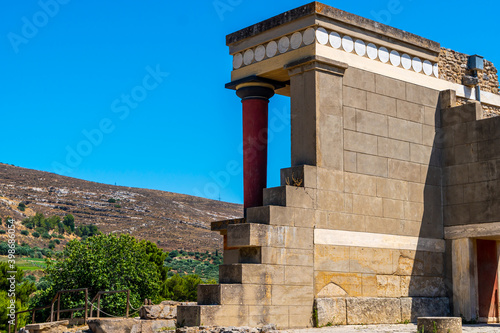 Old walls of Knossos near Heraklion. Detail of ancient ruins ruins of the Minoan palaces - largest archaeological site of all the palaces in Mediterranean island of Crete, UNESCO list, Greece photo