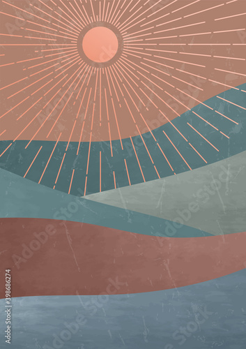 Modern trendy boho wall decor. Mid century minimalist landscape illustration. Rose sun with circle of rays and textured mountains vector illustration. 