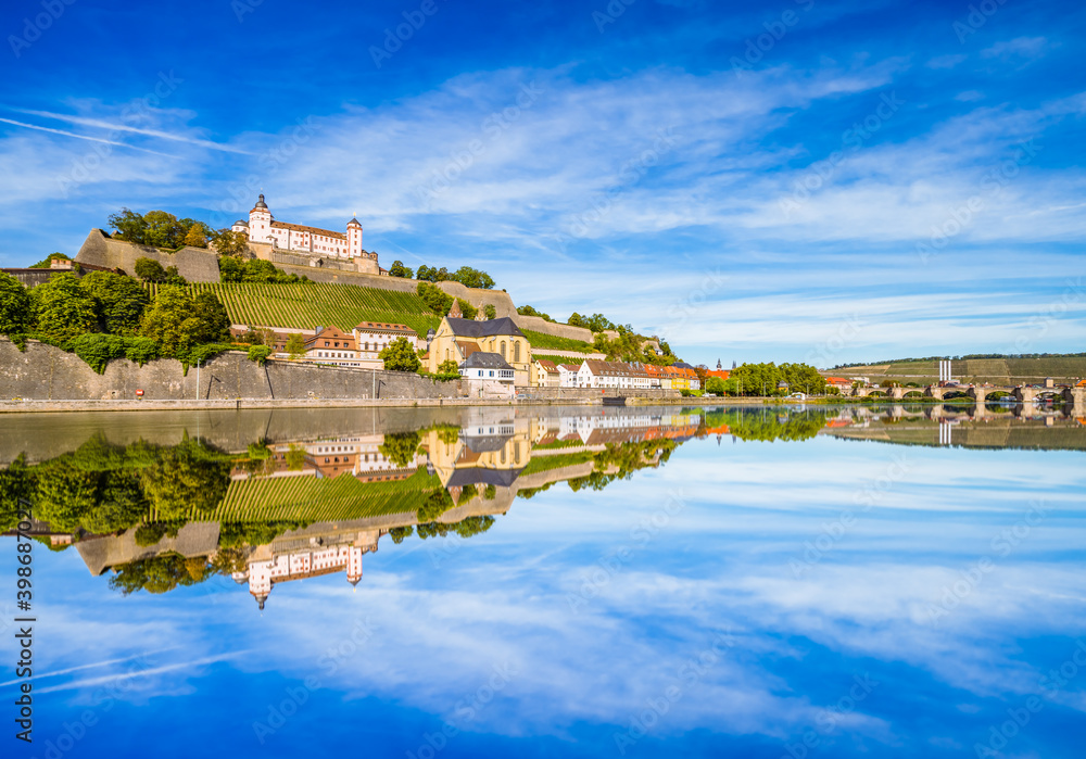 Marienberg Fortress with reflection of the city in Main River. Wurzburg city in Germany
