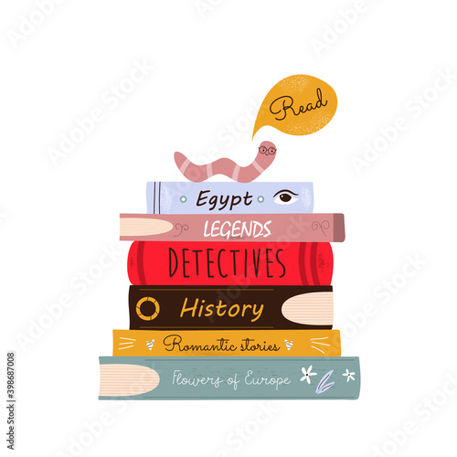 Vector illustration of a pile of books and funny bookworm in a flat style.