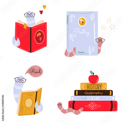 Bright collection books piles and funny bookworms.