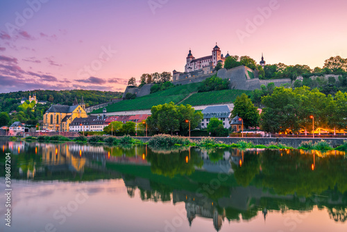 Marienberg Fortress and the old Bridge on colorful sunset. Wurzburg, Bavaria, Germany