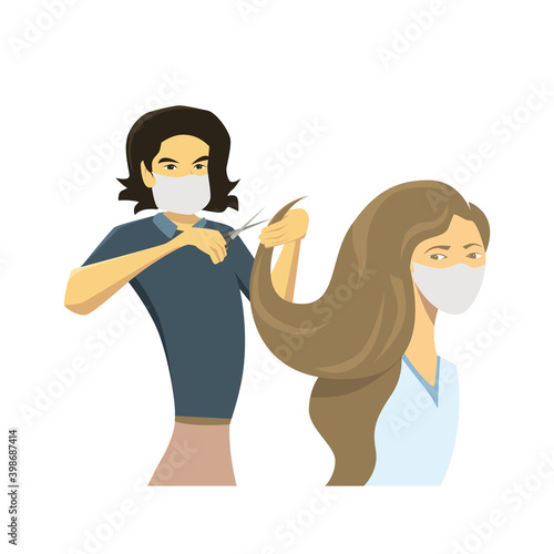 Hairdresser with respiratory cuts the hair of the customer with face mask, flat design cartoon vector illustration. Protection against coronavirus