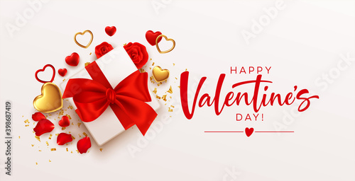 Valentines day design template with gift box with red bow, gold and red hearts on white background. Vector illustration