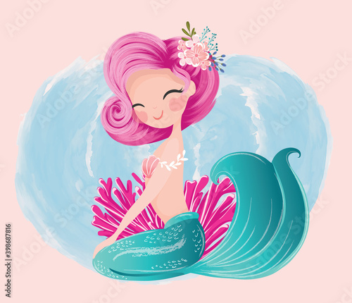 Pretty mermaid vector illustration, children artworks, wallpapers-greeting cards prints