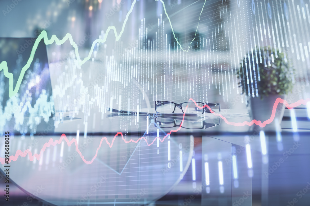 Double exposure of financial graph drawing and office interior background. Concept of stock market.