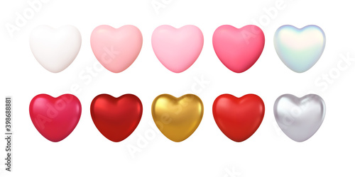 Big Valentines Day Set of different color realistic gold, red, pink, silwer, white hearts isolated on white background. Happy Valentines Day design elements. Vector illustration