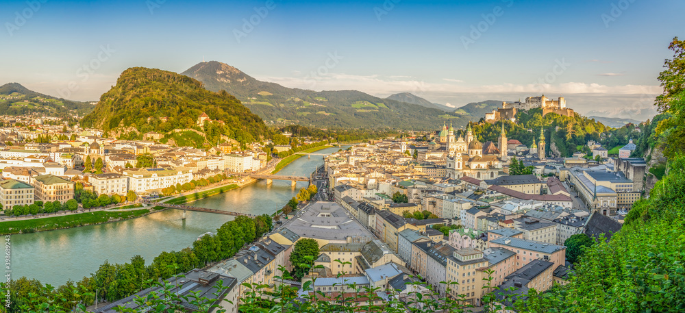 Fototapeta premium Aerial panorama Salzburg at sunset. Austria
