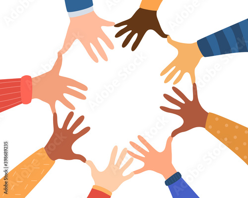 Diversity hands of different skin tones. United Community. Concept of community, support, social movement, friendship .Vector illustration