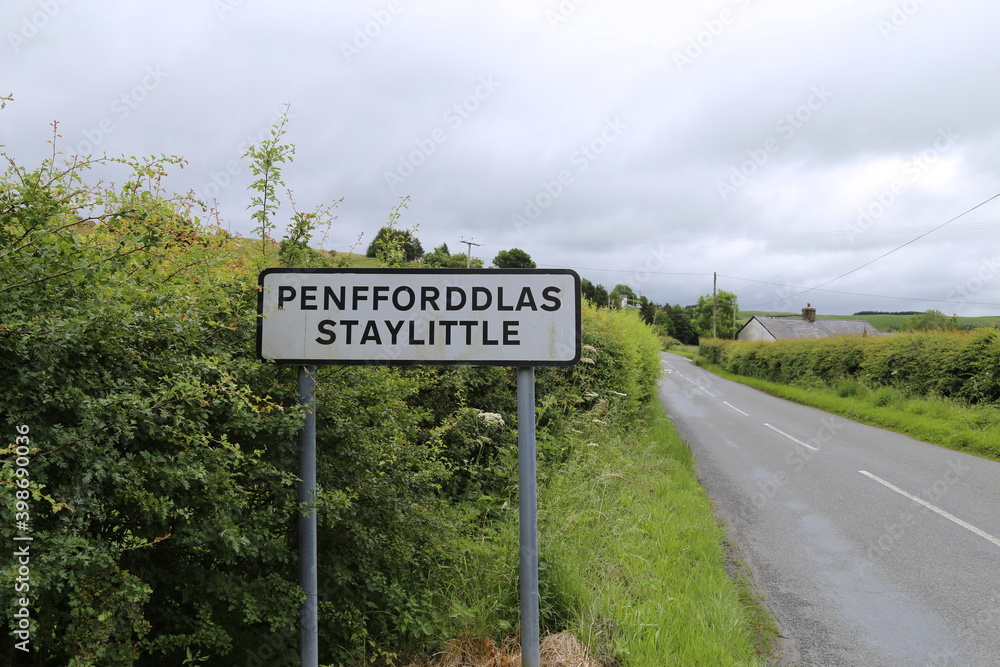 A village sign at Staylittle Penfforddlas, Powys, Wales, UK.